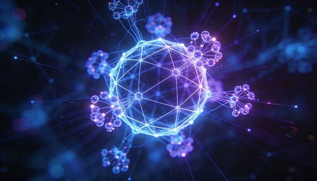 Glowing neon network sphere rotating in digital void connecting nodes, orb, filaments