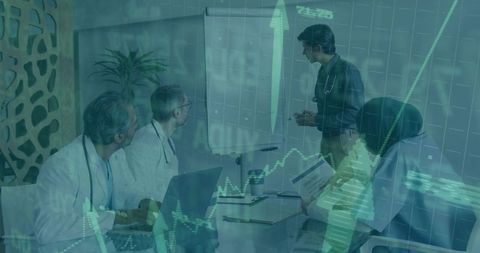 Doctors Presenting Clinical Strategy with Financial Charts Overlay, Team Collaboration