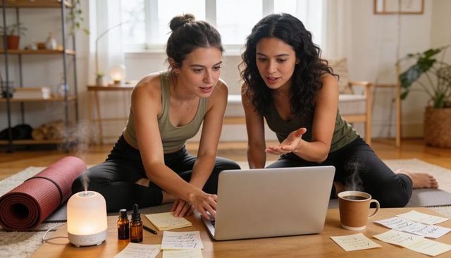 Two women collaborating on yoga class planning at home using laptop, sticky notes, diffuser
