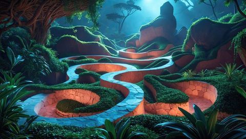 Enchanted stone maze in ethereal misty clearing