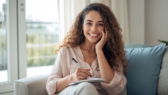 Happy woman writing notebook in bright cozy living room