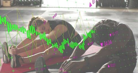 Partners stretching with financial chart overlay, fitness data concept, workout analytics