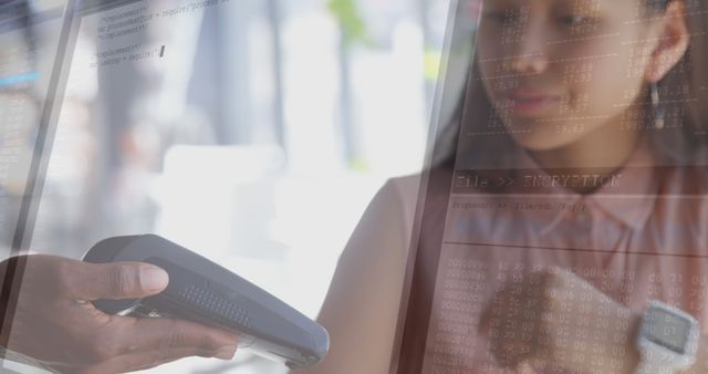 Young Woman Paying with Card at Encrypted Digital Interface - Download Free Stock Images Pikwizard.com