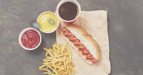Hot dog with mustard and ketchup, crispy fries and dipping sauces on dark tabletop
