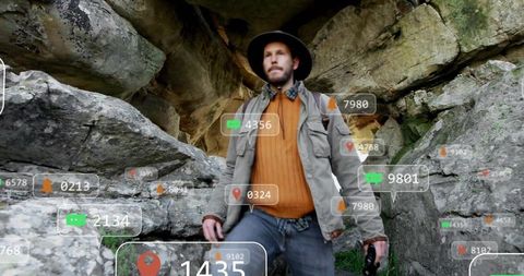 Exploring Hiker with Technology Overlays in a Rocky Cave