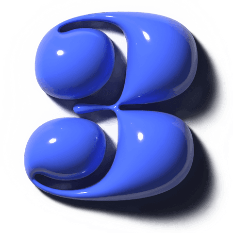 Transparent glossy cobalt 3 sculpture floating on clear canvas with mirror teardrops