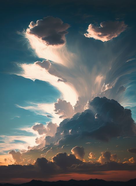 Stunning display of a dramatic sunset sky featuring towering clouds illuminated by the last light of day. Perfect for use in nature photography collections, inspirational posters, and calming background images. This image evokes a sense of wonder and highlights the beauty of natural landscapes.