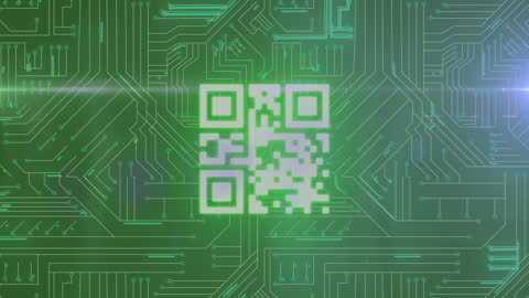 Digital QR Code on Circuit Board with Futuristic Lights