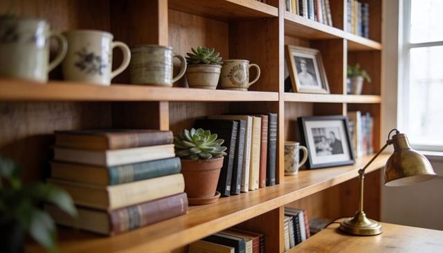 Cozy wooden home office bookshelf showcasing succulents, brass lamp and stacked hardcovers