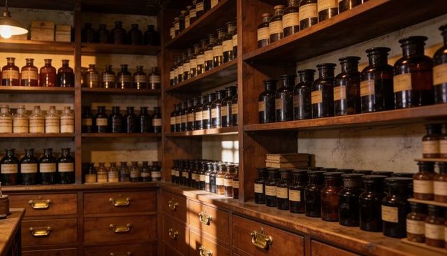 Vintage apothecary shelves with amber glass jars, labeled bottles and aged brass drawers