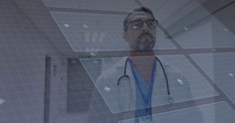 Futuristic holographic panel analysis in hospital corridor