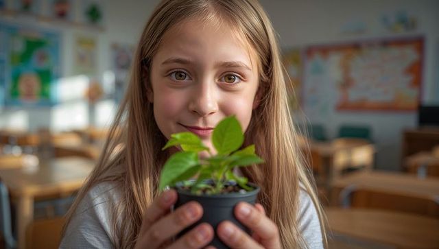 Schoolgirl holding seedling close-up in classroom for stem education and green learning