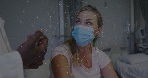 Female Patient Wearing Mask Receiving Clinical Vaccination with Digital Network Overlay
