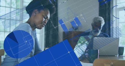 Woman Analyzing Financial Data with Digital Graphics Overlay