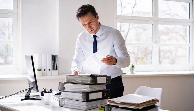 Business manager reviewing stacked binders and sorting paperwork in bright modern workspace