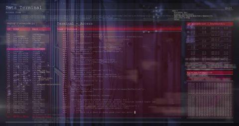 Futuristic datacenter terminal displaying translucent code editor, holographic access table