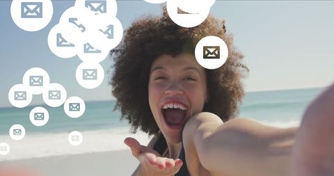 Joyful Woman on Beach, Social Media Concept Overlay