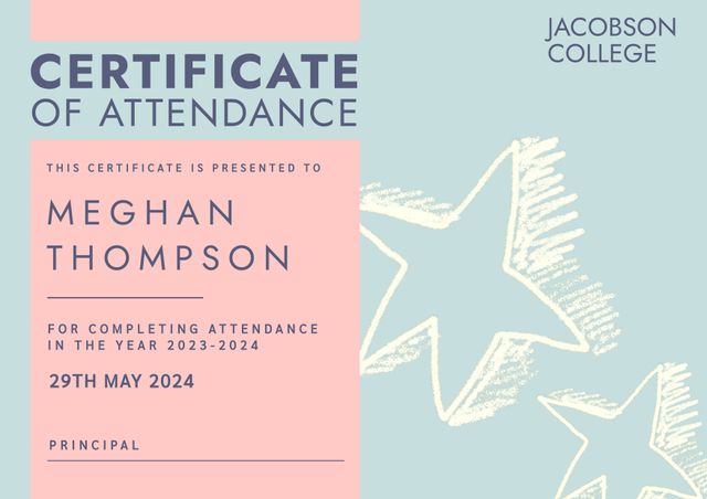 Attractive certificate of attendance designed for students at Jacobson College. Features an elegant design with pink, beige, and blue elements and a star motif, celebrating the achievement of Meghan Thompson for the academic year 2023-2024. This template is ideal for educational institutions looking to create professional and stylish awards for students.