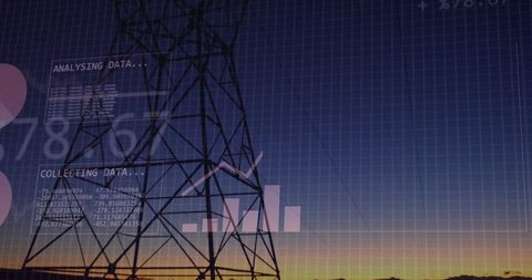 Digital Data Visualization Over Power Infrastructure During Sunset