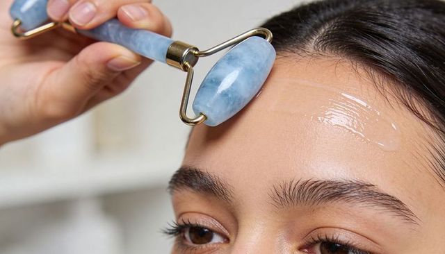 Gliding blue stone facial roller across forehead with clear serum for glowing skin
