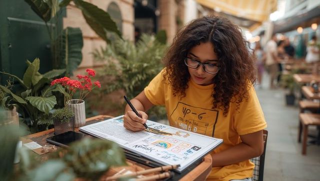Curly teen sketching at outdoor cafe with sketchbook and black pen, creative focus