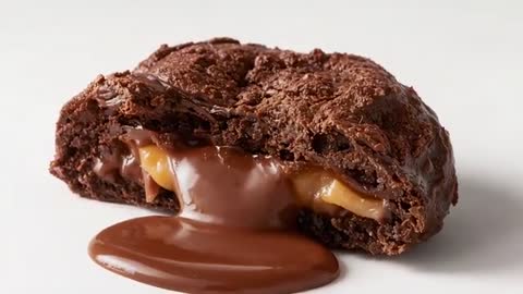 Molten chocolate oozing from halved fudgy brownie with caramel center, slow-motion close-up