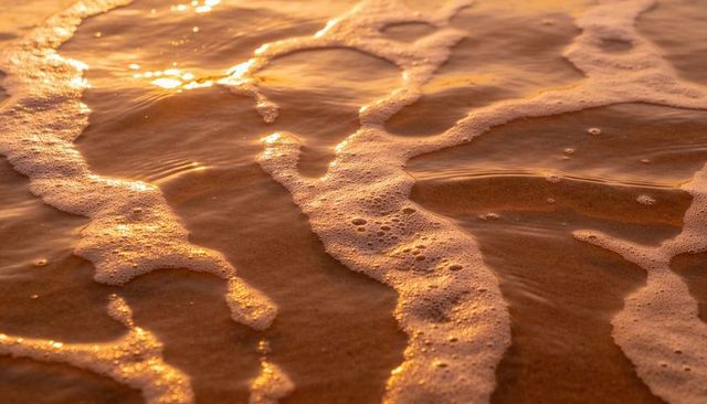 Golden sunset foam ribbons on wet sand close-up shallow seawater reflections and bubbles