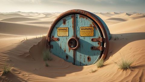 Vintage metal hatch in desert sand with warning signs after the apocalypse