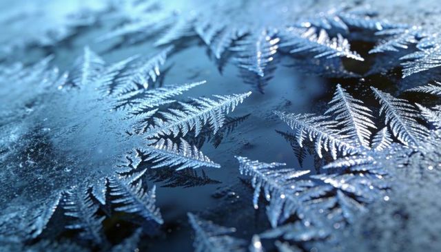 Frost fern crystals forming intricate branches on glass macro blue winter fractal pattern