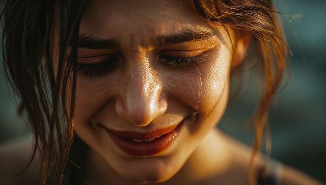 Golden-hour freckled woman smiling with tear track closeup portrait, sunlit emotional moment
