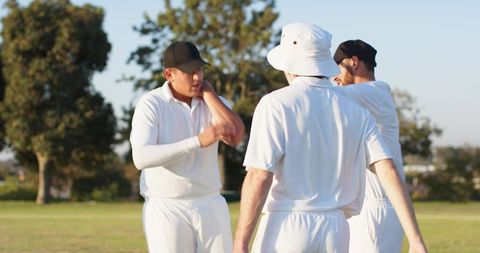 Cricket teammates discussing tactics on park pitch wearing white uniforms and caps