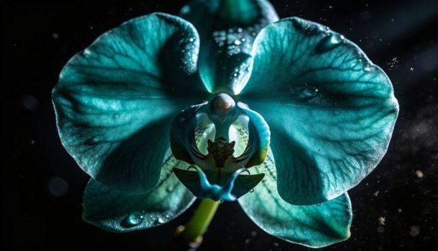 Glowing teal orchid bloom with dramatic rim lighting, dew drops and macro detail