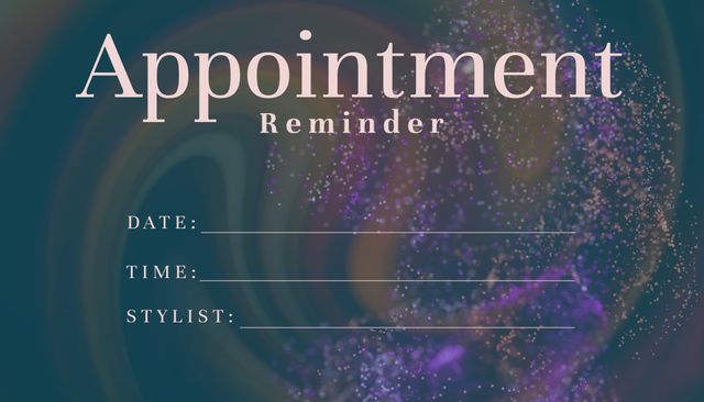 Bright cosmic-themed appointment reminder template helps schedule and remember your appointments. Perfect for hairstylists, personal trainers, consultants, or any professional services. Empty fields for date, time, and stylist allow easy customization. Cosmic background adds a stylish touch, making it suitable for both printed and digital use.