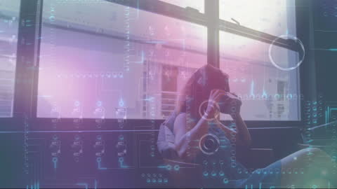 Young Woman Immersed in Technology and Data Visualization Concept