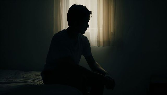 Silhouetted man sitting on bed edge reflecting in moody backlit bedroom with curtain