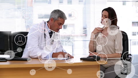 Doctor Consults Patient with Futuristic Healthcare Technology Interface