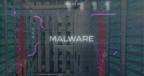 Futuristic cybersecurity concept in server room with malware text