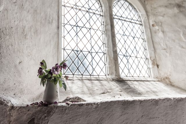 Sunlight streams through antique church windows, illuminating flowers arranged in a simple white vase on a ledge. This scene radiates tranquility and highlights historical architecture, ideal for promoting calm and thoughtful spaces, vintage decor, or spiritual themes.