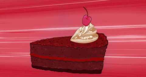 Lavish cherry topped dark chocolate cake slice on red
