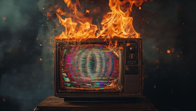 Retro tv consumed by flames and decay