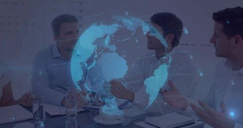 Business Team Discussing Global Network Hologram in Modern Boardroom