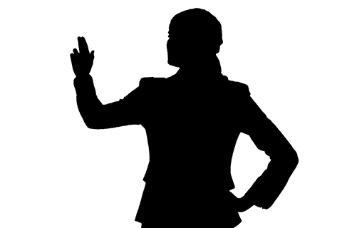 Transparent silhouette of a woman confidently pointing on white background