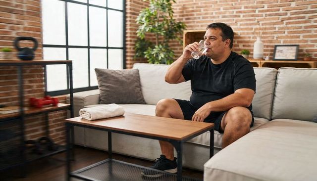 Man resting after home workout drinking water on sofa in loft living room