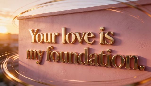 Golden 3d typography your love is my foundation on pastel pink column at sunset