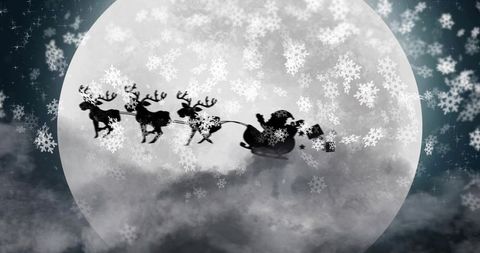 Soaring santa silhouette guiding reindeer sleigh across full moon snowflakes and stars