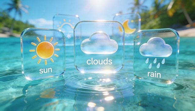 Floating glass weather icons sun clouds rain casting ripples on tropical turquoise water