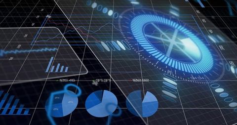 Futuristic Data Dashboard Pulsing Radial Gauge with Blue Holographic Charts and Analytics