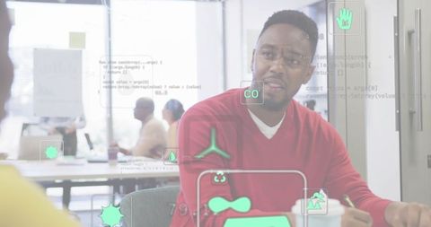 Leaning forward and leading discussion with ar overlays in modern coworking meeting