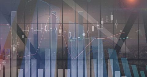 Financial Charts Projected on Corporate Office Window at Sunset