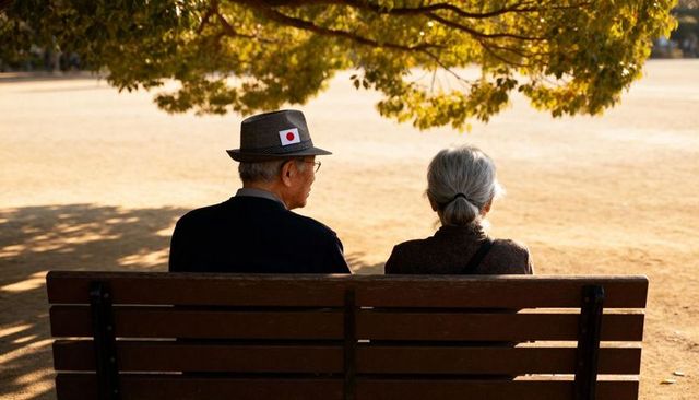 Japanese elderly couple sitting on bench watching sunlit park under tree at golden hour